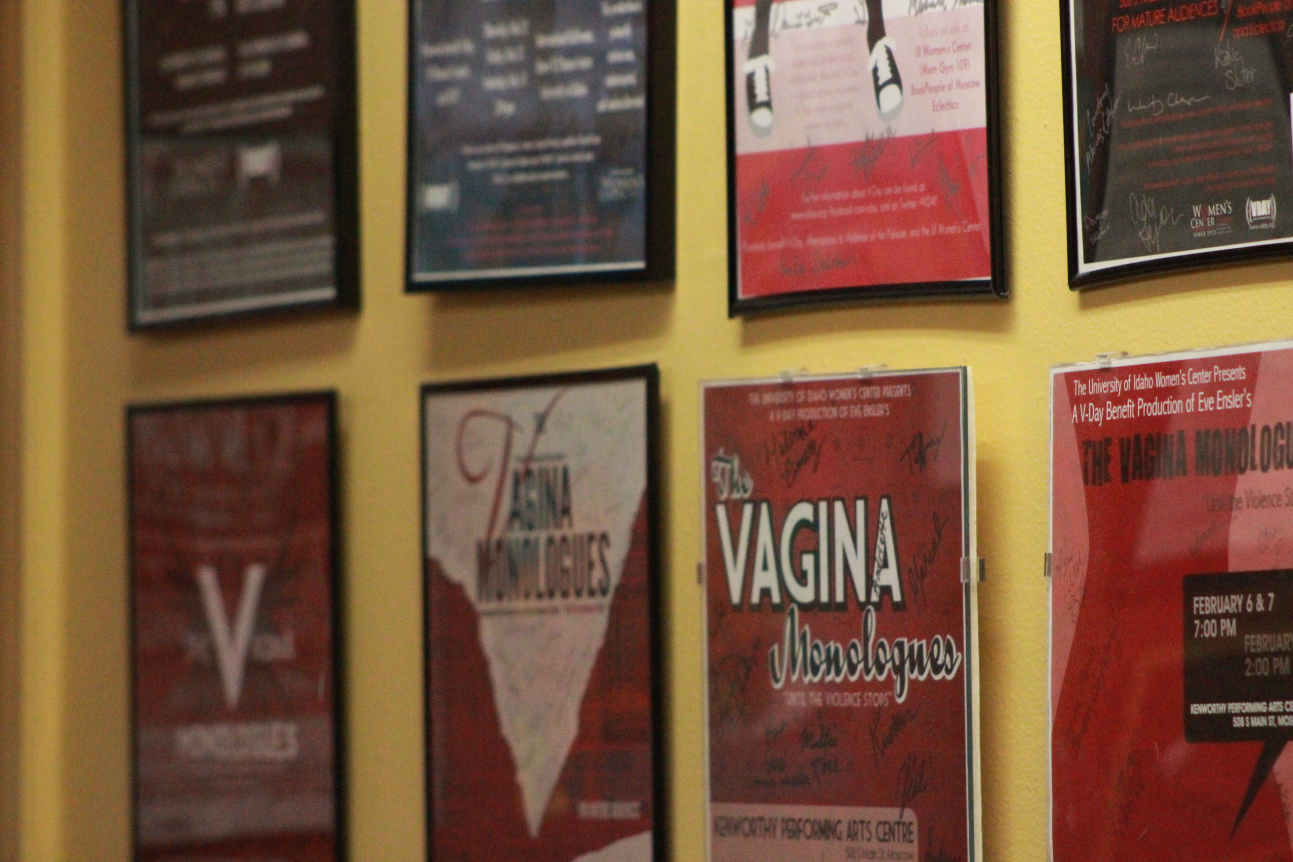 A variety of posters decorates the walls outside the entrance to the Women’s Center, some of them advertisements and others offering words of encouragement.  