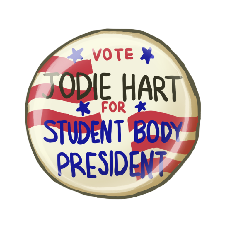 An illustration of a badge that says, "Jodie Hart for student body president".